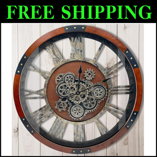 Elegant 27-Inch Vintage Farmhouse Clock with Real Moving Gears & Silent Movement