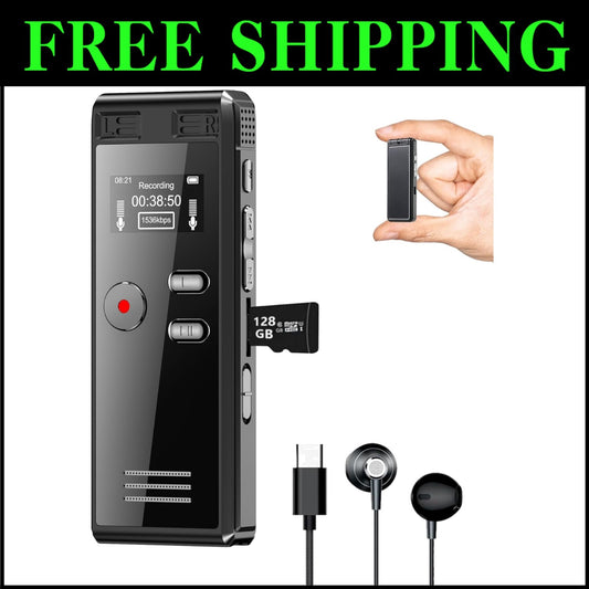 Compact HD Digital Voice Recorder - 128GB, Voice-Activated with 3072kbps Quality