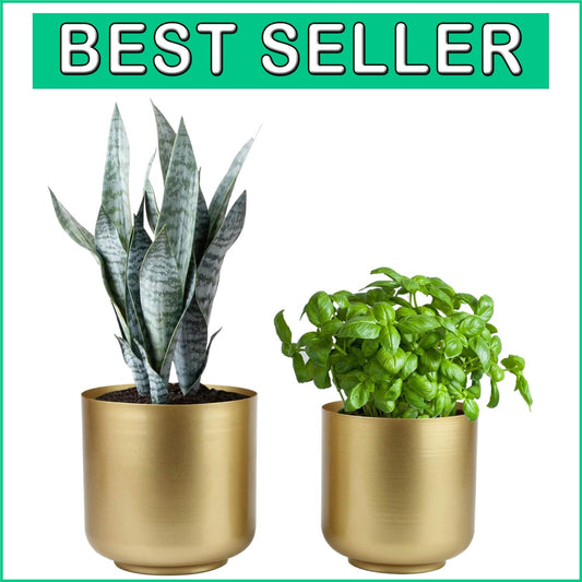 Versatile Round Gold Planters - 8" & 7.1" Indoor Metal Flower Pots with Drainage