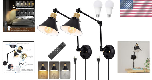 2-Pack Dimmable Wall Sconces with Adjustable Color & Remote - Black Metal Finish