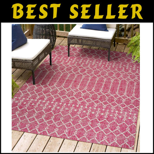 Stylish Fuchsia/Gray Outdoor Rug – 4x6 Low Pile, Stain Resistant & Pet Friendly