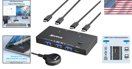 Compact USB 3.2 2 in 4 Out Switch for Dual USB-C Laptops – Includes C-C Cables