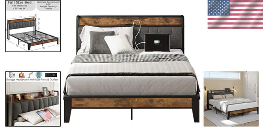 Durable Full Bed Frame with Noise-Free Storage Headboard & USB Charging Ports