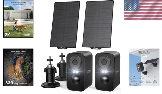 Smart Home 2-Pack Solar Security Cameras with Color Night Vision & AI Alerts