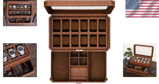 12 Slot Leather Watch Box & Slide Out Drawer - Luxury Organizer in Tan/Brown