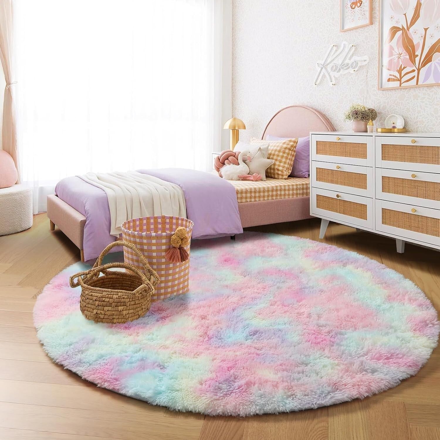 Soft 5Ft Pastel Round Rug - Cozy Fluffy Carpet for Toddler Unicorn Rooms