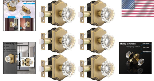 Classic Octagonal Crystal Passage Door Knobs - 6 Pack in Antique Brass