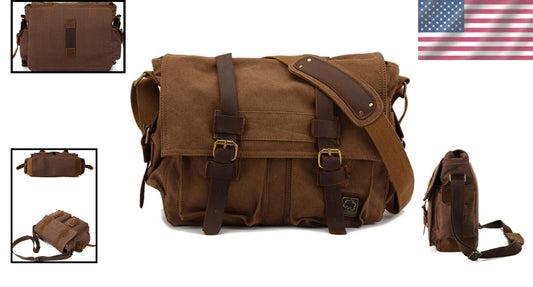 Vintage Military Leather & Canvas Laptop Messenger Bag - Perfect for Daily Use