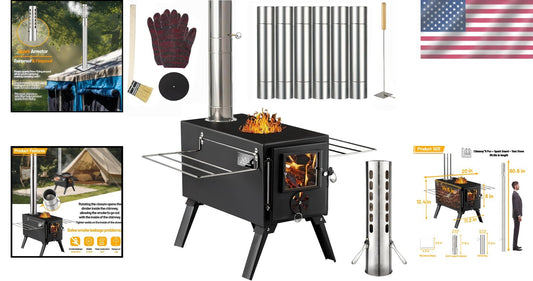Durable Cast Iron Camping Wood Stove with Included Accessories for Winter Fun