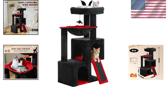 Large Black Cat Tower - 41" Gothic Style with Padded Perch and Scratching Pad