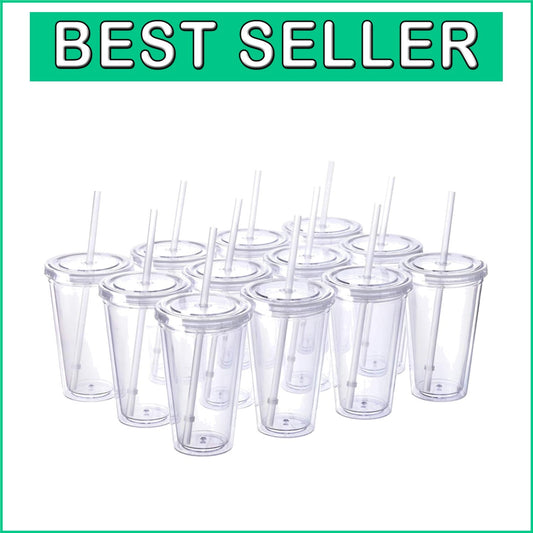 Classic 12-Pack Insulated Double Wall Tumblers with Straws & Name Tags - 16 oz