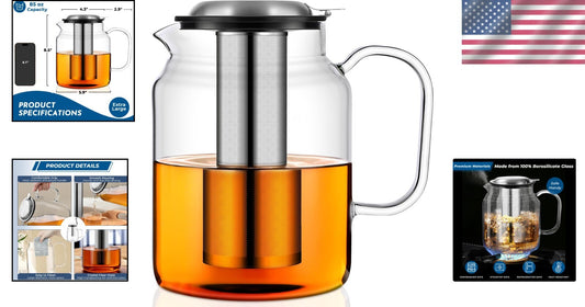 Extra-Large 85oz Borosilicate Glass Teapot with Removable Infuser for Families