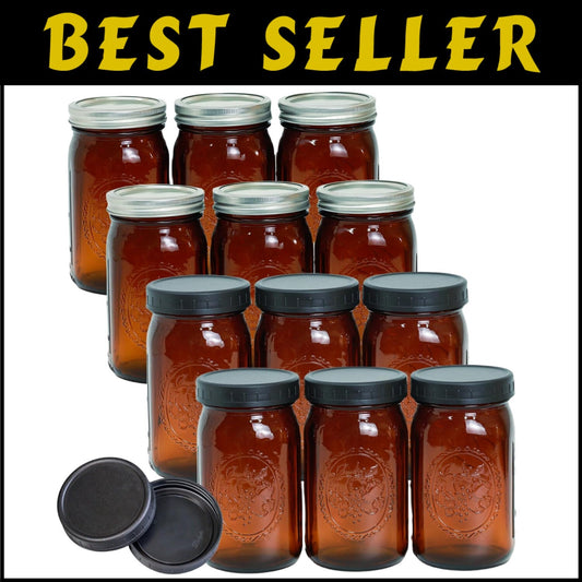 Elegant 12 Pack 32 oz Amber Mason Jars - Wide Mouth with Leak-Proof Lids