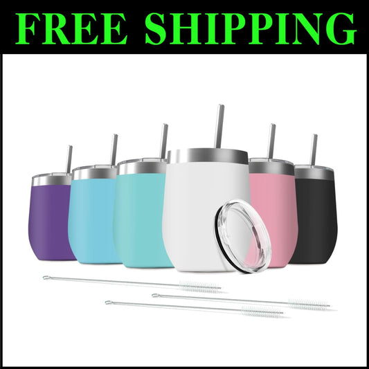 6 Pack 12 oz Stainless Steel Wine Tumblers - Vacuum Insulated, Assorted Colors