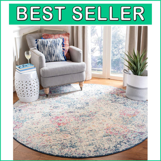4' Round Navy/Teal Boho Floral Medallion Rug - Stain Resistant & Non-Shedding