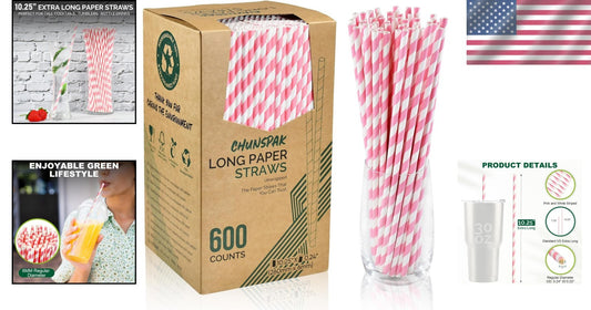 10.25" Pink & White Striped Disposable Paper Straws - 600 Count, Biodegradable