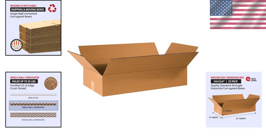 Eco-Friendly 24x12x4 Corrugated Flat Boxes - Reusable Moving & Shipping Box Set