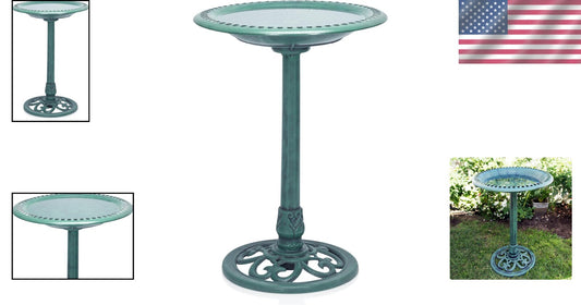 Elegant 28" Tall Outdoor Birdbath with Scrollwork - Aged Green Garden Accent