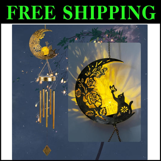 Elegant Solar-Powered Cat Moon Wind Chime - Perfect Gift for Cat Lovers