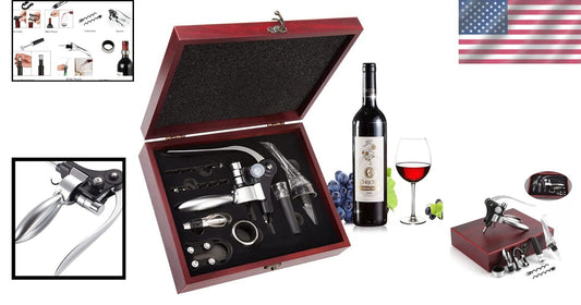 Elegant Wine Accessories Kit with Corkscrew, Foil Cutter & Wooden Gift Box
