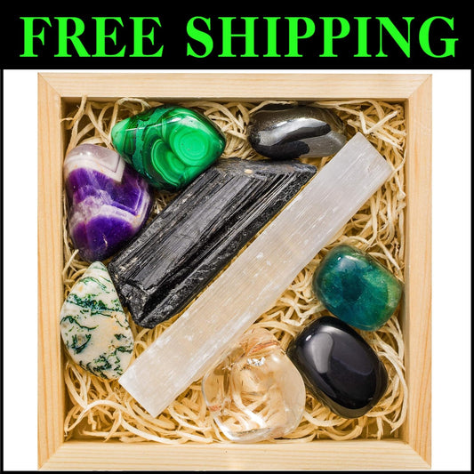 7 High-Grade Healing Stones with Wooden Display Box & Info Guide - Perfect Gift