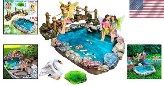 Whimsical Fairy Garden Accessories - Koi Pond, Bridge & 6 Characters Included