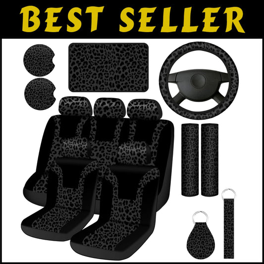 Complete Leopard Print Car Accessories Set - Seat Covers, Steering Wheel & More