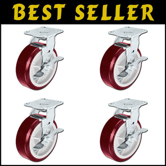 6" x 2" Heavy Duty Polyurethane Swivel Casters with Brakes - 3600lbs Capacity