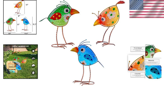 Handcrafted Bird Garden Art - 3PCS of Colorful Yard Statues, Perfect for Gifting