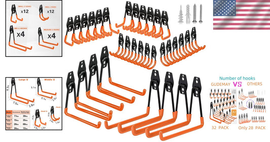 32 Pack Heavy-Duty Garage Hooks with Non-Slip Coating - Easy Wall Mount Storage