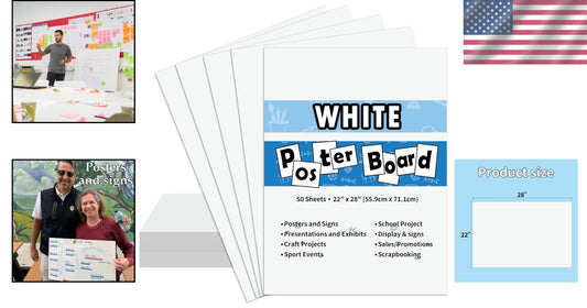 Economical Bulk Poster Board 22"x28" - 50 Sheets of White Paper for Crafts