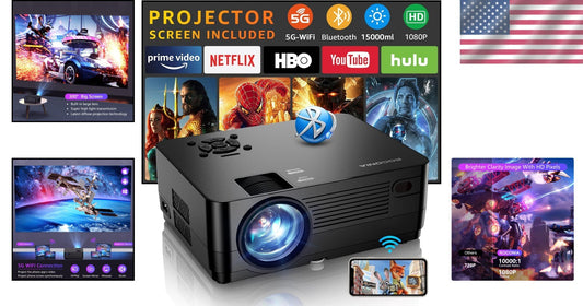 Full HD Projector with 5G WiFi & 100" Screen - Perfect for Home Theater & Gaming