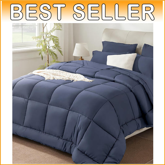 7-Piece Grayish Blue Full/Queen Bedding Set - All Season Microfiber Comforter