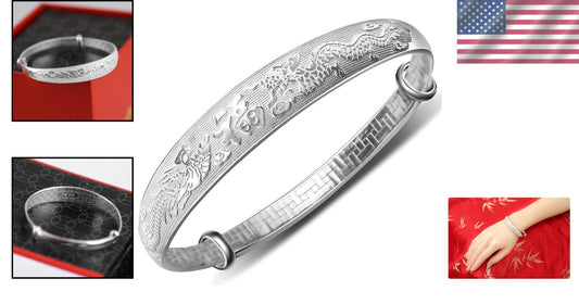 Elegant Women's 999 Silver Bracelet - Adjustable Dragon and Phoenix Charm Bangle