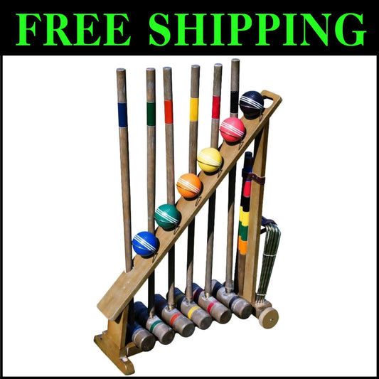 Durable Outdoor Croquet Set for 6 with Wooden Mallett & Vintage Storage Stand