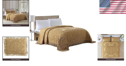 Luxurious Queen Gold Chenille Bedspread with Medallion Design - Vintage Charm