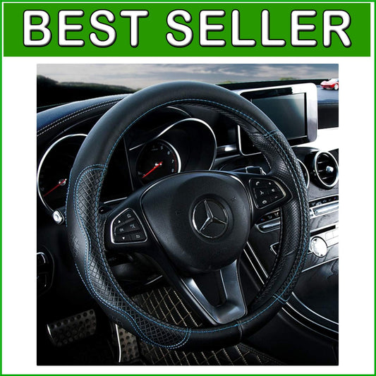Eco-Friendly Cowhide Steering Wheel Cover in Black & Blue - 15" Size M Fit