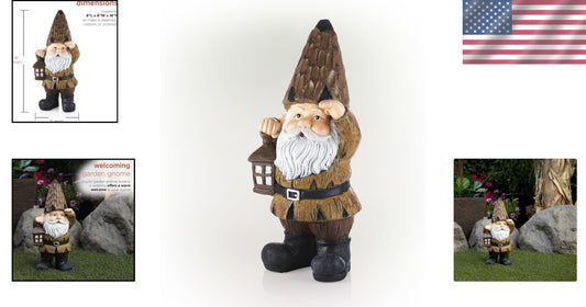 Durable Indoor/Outdoor Gnome with Lantern - 16" Brown Statue for Gardens