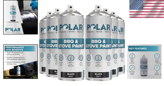 Polar BBQ Spray Paint - Matte Black - Heat Resistant Up to 650°C, Pack of 6