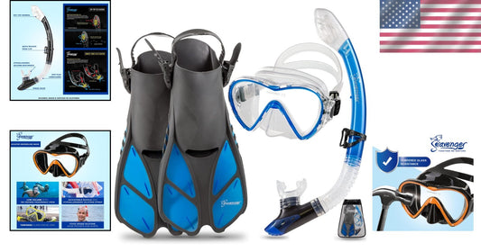 Clear Blue Snorkeling Equipment Set with Easy Dry Snorkel and Split Strap Mask