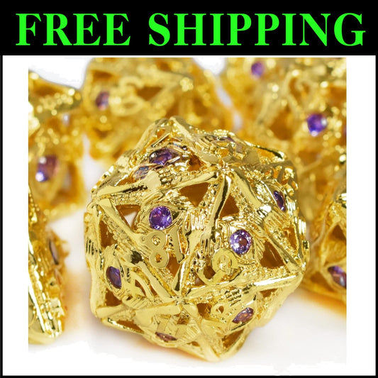 Collector's Grade 7-Piece Jeweled Metal DND Dice Set with 70 Natural Gemstones