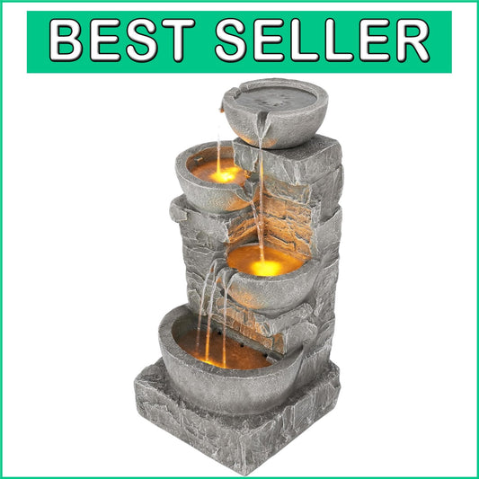 Weather-Resistant 33.25" LED Cascading Bowls Water Fountain for Outdoor Retreat