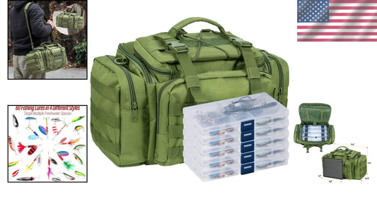 Durable Fishing Tackle Bag with 60 Assorted Lures - Lightweight & Convenient