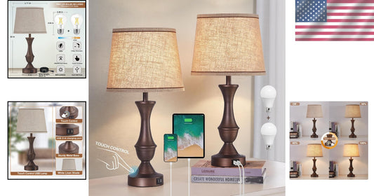 Elegant Touch Bedside Lamps Set with USB Ports - 22" Modern Dimming Lamps