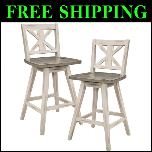 Rustic White High Back Swivel Bar Stools Set of 2 - Perfect for Farmhouse Decor