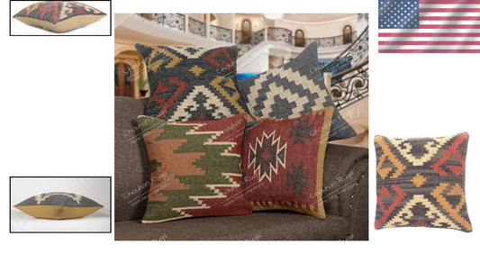 Durable 18x18 Hand Crafted Jute Kilim Cushion Covers - Set of 4 Vintage Style