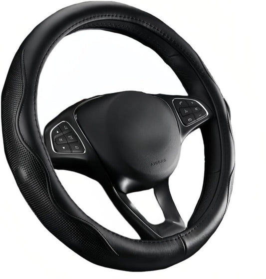 Easy Clean Black Leather Steering Wheel Cover 15.5-16 Inch for Truck Interiors