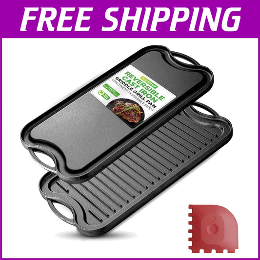 Versatile Reversible Cast Iron Griddle - Nonstick, Oven Safe, 19.96" x 10.11"