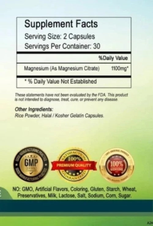 Magnesium Citrate 1100mg Caps – Pure Formula – Free and Fast Ship USA