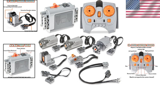 Versatile 9-in-1 Technic Motor Set with Remote, IR Receiver, And Battery Box